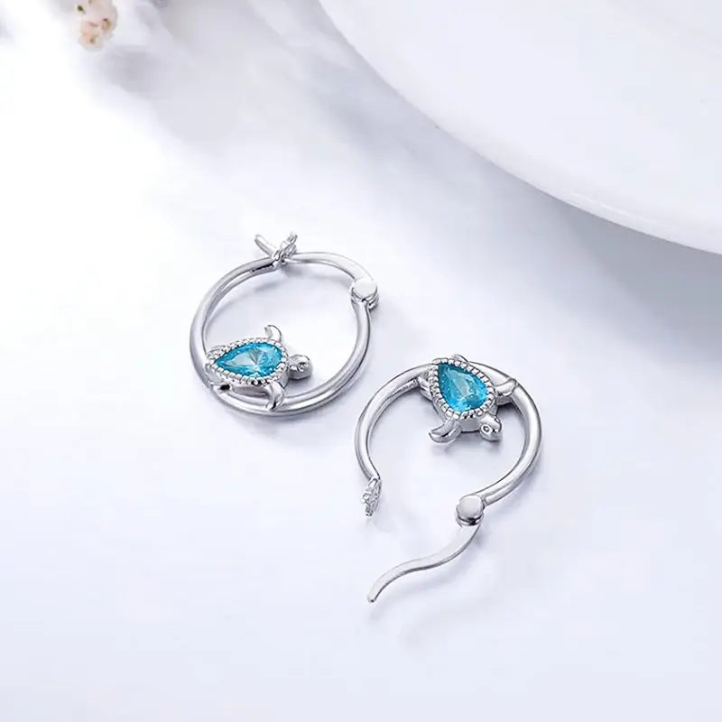 Huitan Funny Turtle Designed with Blue CZ Hoop Earrings for Women Creative Cute Ear Accessories Charms Girl Daily Party Jewelry
