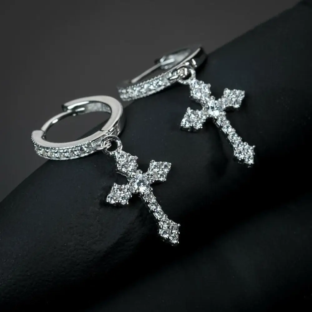 Huitan Simple Stylish Cross Drop Hoop Earrings Shiny CZ High Quality Women Men Personality Accessories Unisex Fashion Jewelry