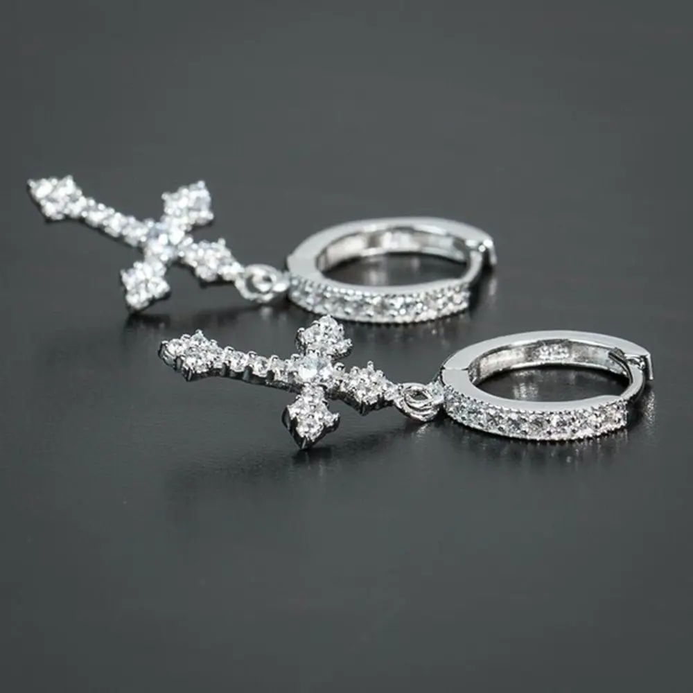 Huitan Simple Stylish Cross Drop Hoop Earrings Shiny CZ High Quality Women Men Personality Accessories Unisex Fashion Jewelry