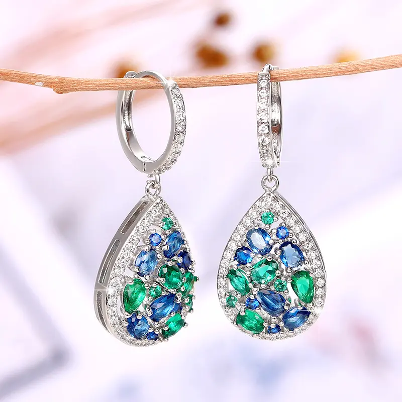 Huitan Vintage Women Drop Earrings with Blue/Green Cubic Zirconia Temperament Female Ear Accessory for Party Anniversary Jewelry