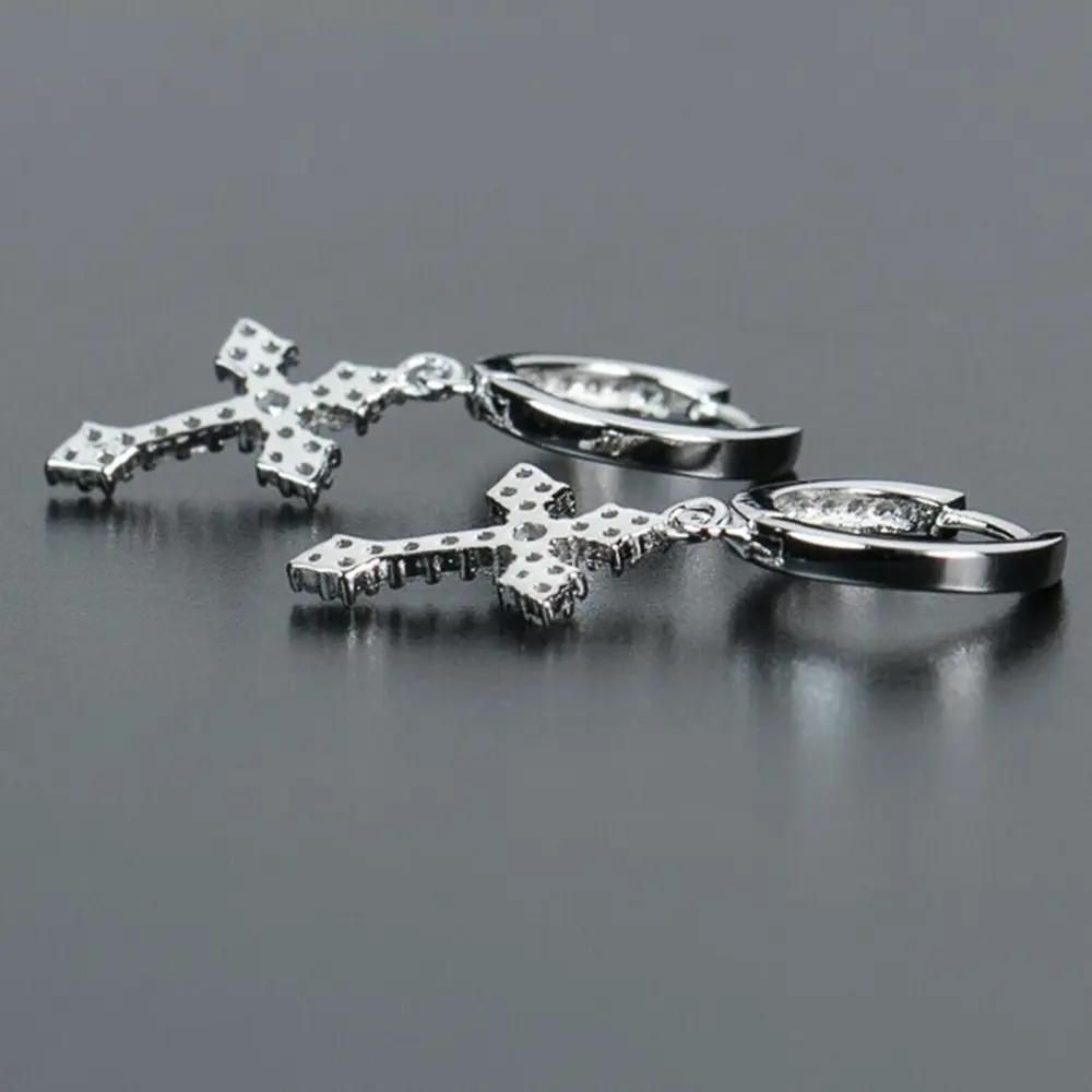 Huitan Simple Stylish Cross Drop Hoop Earrings Shiny CZ High Quality Women Men Personality Accessories Unisex Fashion Jewelry