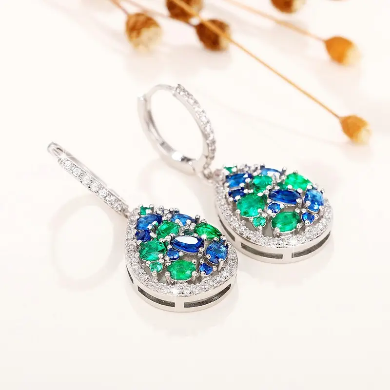 Huitan Vintage Women Drop Earrings with Blue/Green Cubic Zirconia Temperament Female Ear Accessory for Party Anniversary Jewelry