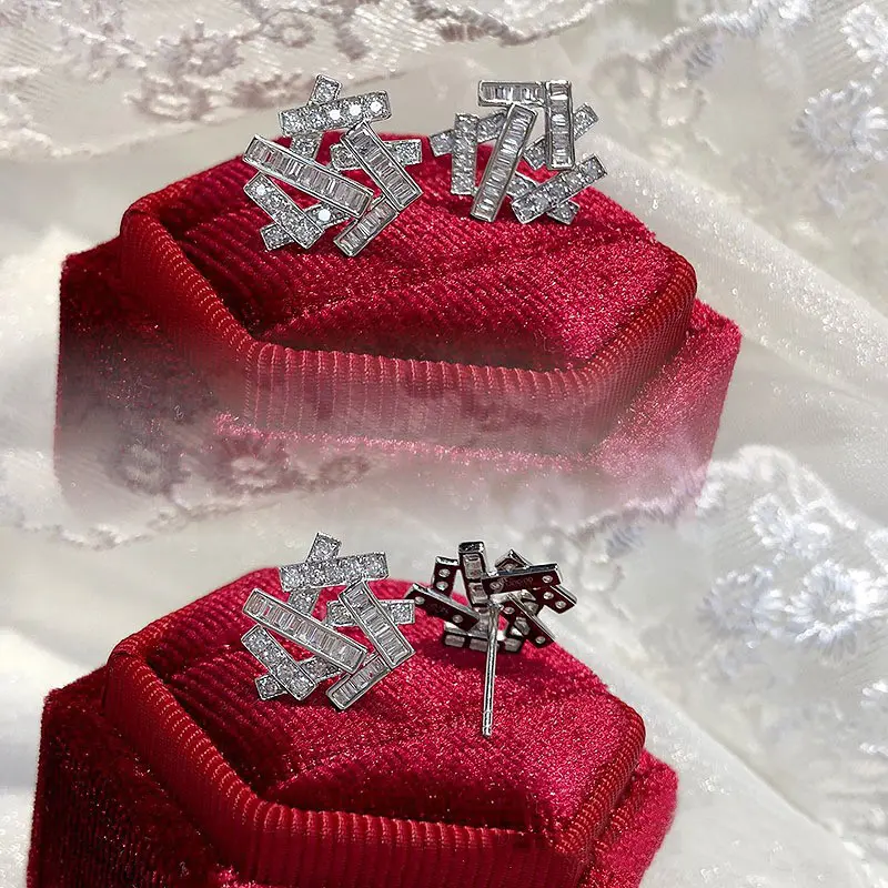 Huitan Irregular Shaped Stud Earrings with Shiny Cubic Zircon Chic Ear Piercing Accessories for Women Statement Earrings Jewelry