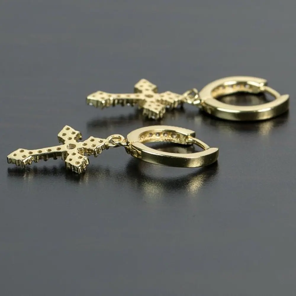 Huitan Simple Stylish Cross Drop Hoop Earrings Shiny CZ High Quality Women Men Personality Accessories Unisex Fashion Jewelry