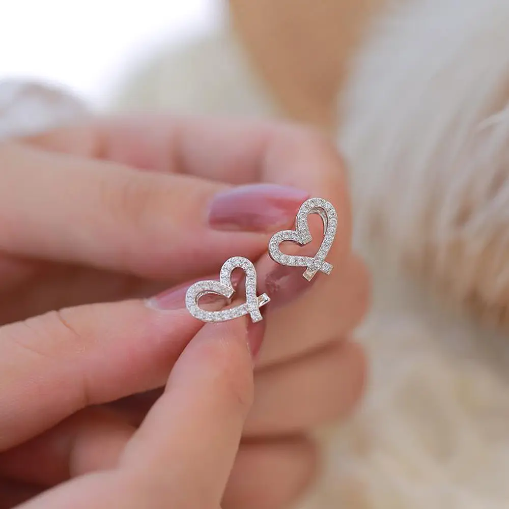Huitan Chic Silver Color Heart Love Stud Earrings for Women Inlaid Crystal CZ Stone Delicate Female Accessories Fashion Jewelry