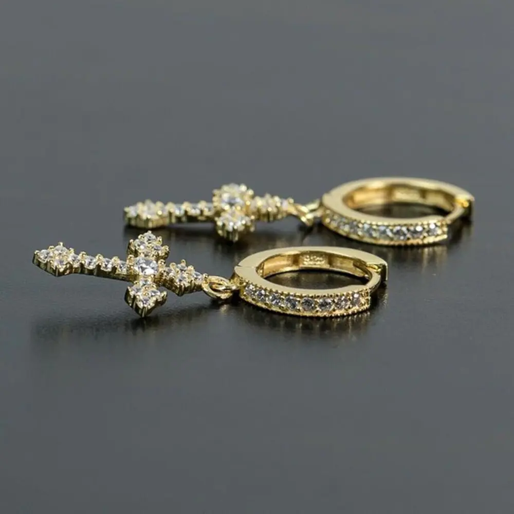 Huitan Simple Stylish Cross Drop Hoop Earrings Shiny CZ High Quality Women Men Personality Accessories Unisex Fashion Jewelry