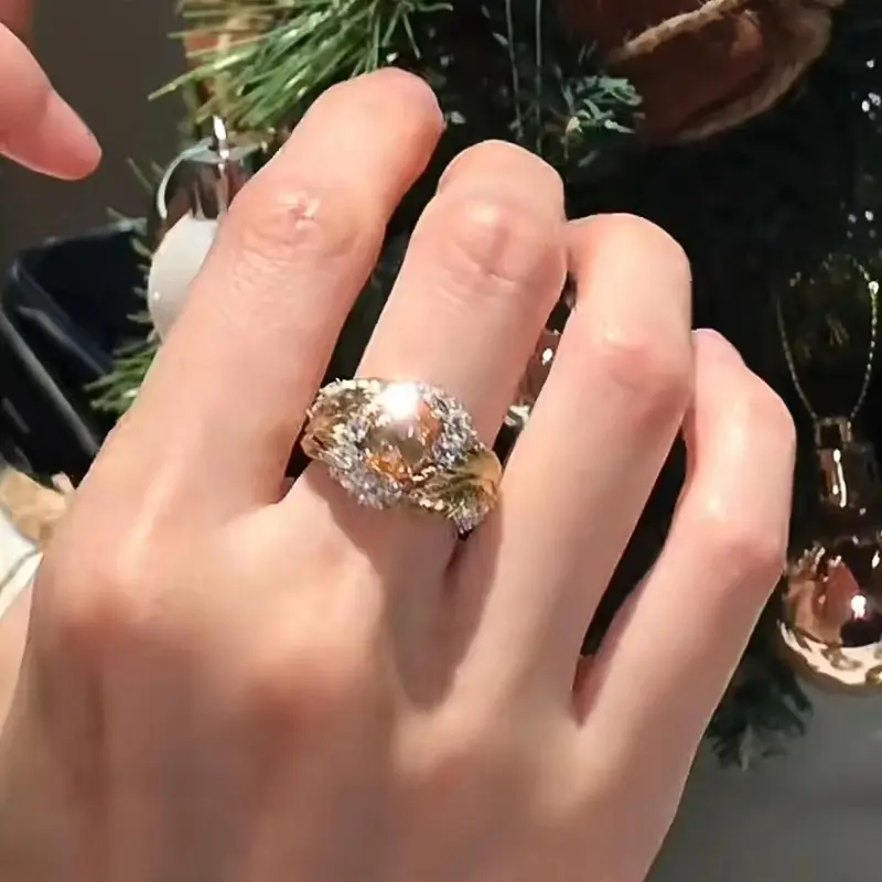 Huitan Champagne Cubic Zirconia Women Rings for Wedding Gorgeous Gold Color Rings Engagement Party Luxury Trendy Female Jewelry