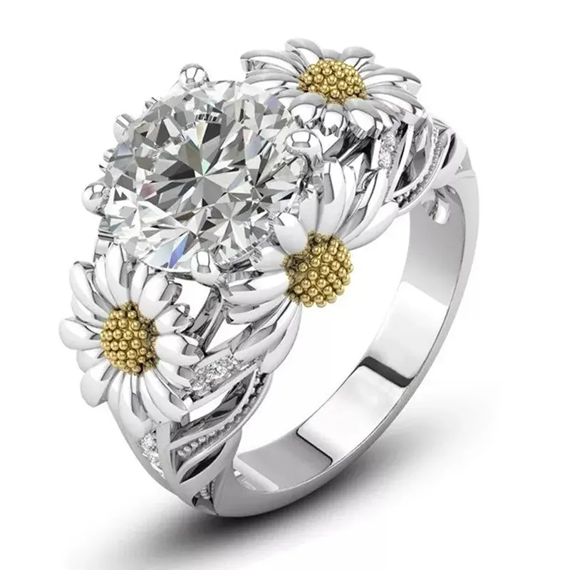 Huitan Aesthetic Daisy Flower Rings with Shiny Round CZ for Women Engagement  Wedding Party Accessories Creative Stylish Jewelry