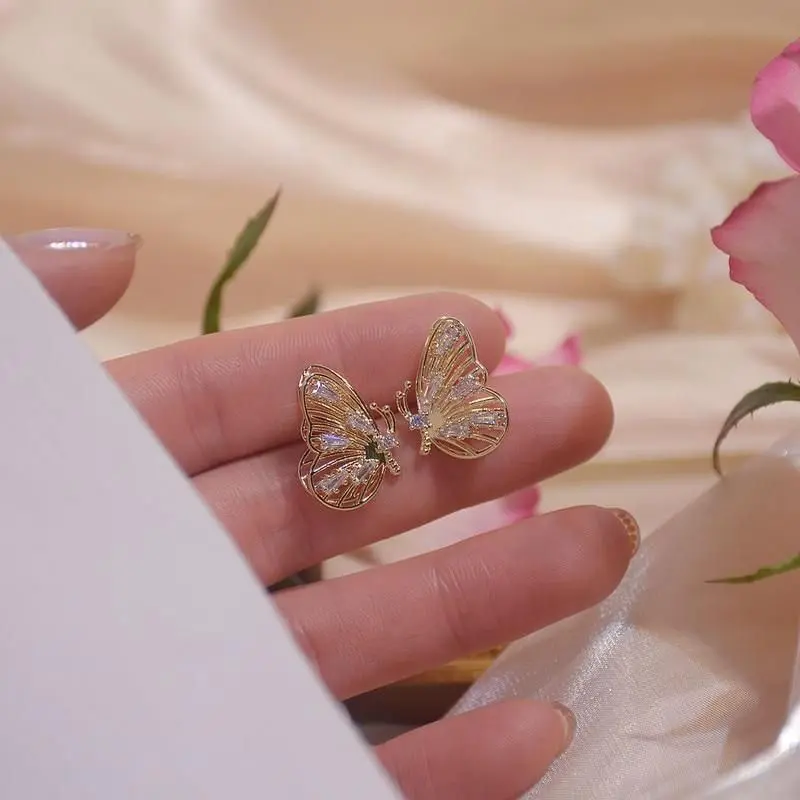 Huitan Double Layer Butterfly Earrings Gold Color Gorgeous Ear Piercing Earrings for Women Shiny Cubic Zircon Exquisite Jewelry