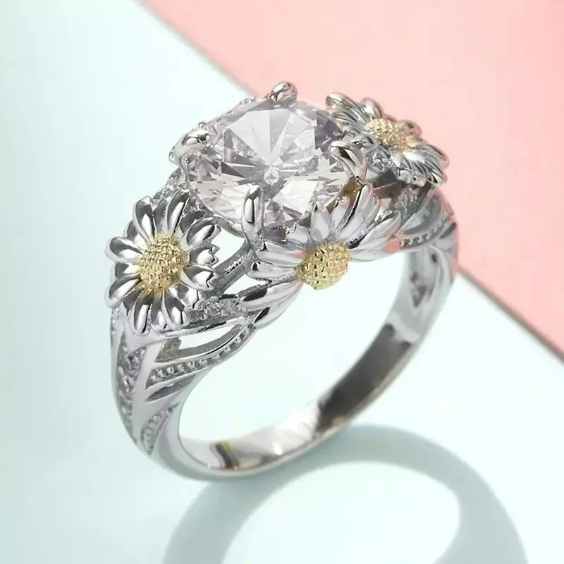 Huitan Aesthetic Daisy Flower Rings with Shiny Round CZ for Women Engagement  Wedding Party Accessories Creative Stylish Jewelry