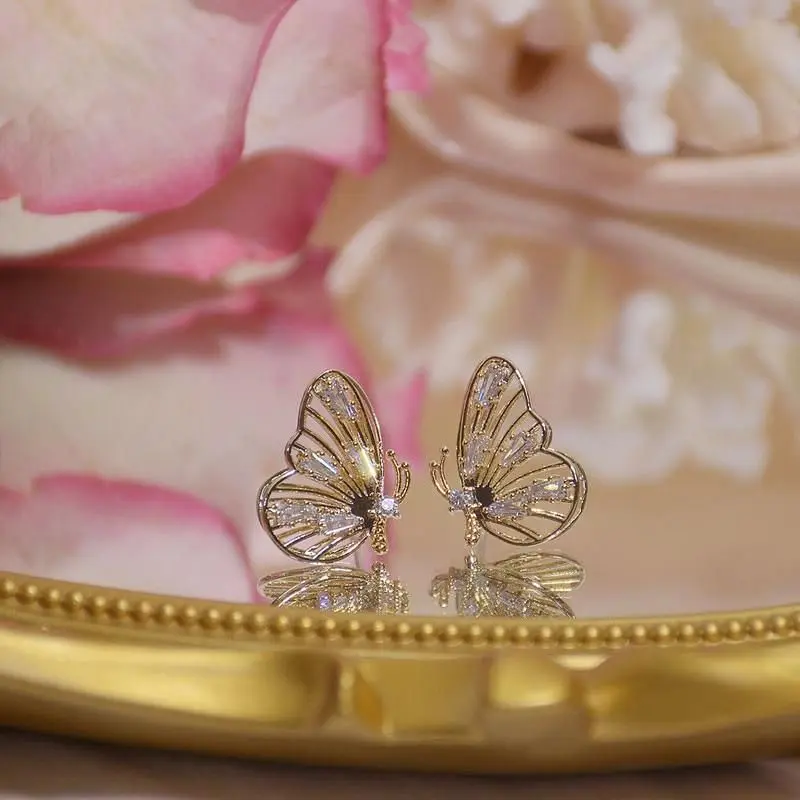 Huitan Double Layer Butterfly Earrings Gold Color Gorgeous Ear Piercing Earrings for Women Shiny Cubic Zircon Exquisite Jewelry