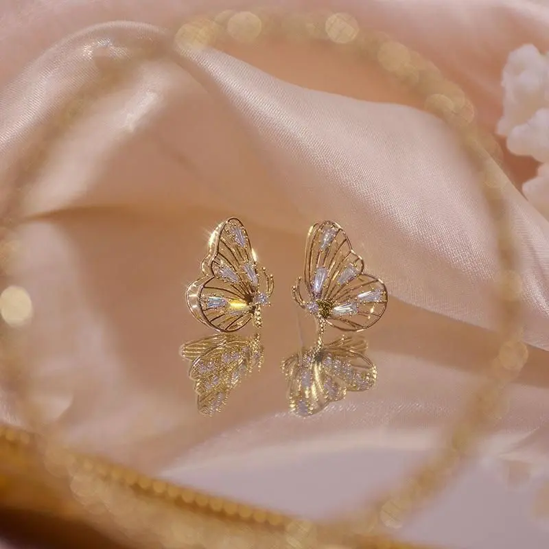 Huitan Double Layer Butterfly Earrings Gold Color Gorgeous Ear Piercing Earrings for Women Shiny Cubic Zircon Exquisite Jewelry