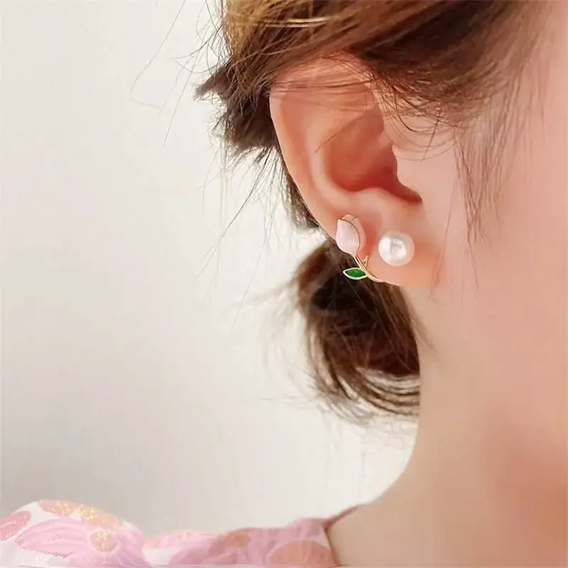 Huitan Fresh Rose Stud Earrings with Imitation Pearl Sweet Pink Rose Earrings Exquisite New Accessories for Women Trendy Jewelry