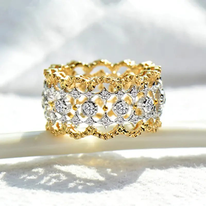 Huitan Luxury Hollow-out Wide Rings for Women Fashion Tow-tone Style Finger Accessory Exquisite Chic Engagement Wedding Jewelry