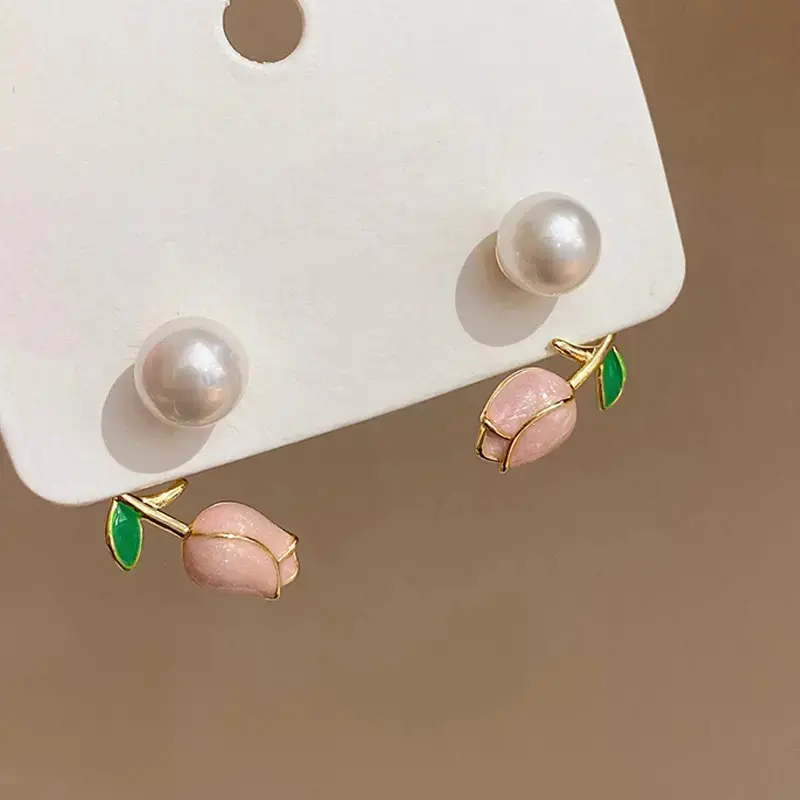 Huitan Fresh Rose Stud Earrings with Imitation Pearl Sweet Pink Rose Earrings Exquisite New Accessories for Women Trendy Jewelry