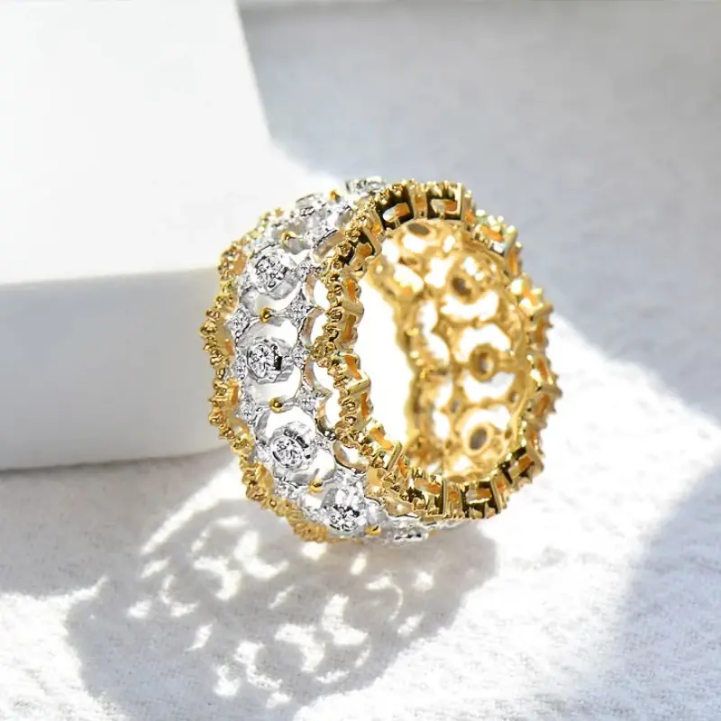 Huitan Luxury Hollow-out Wide Rings for Women Fashion Tow-tone Style Finger Accessory Exquisite Chic Engagement Wedding Jewelry
