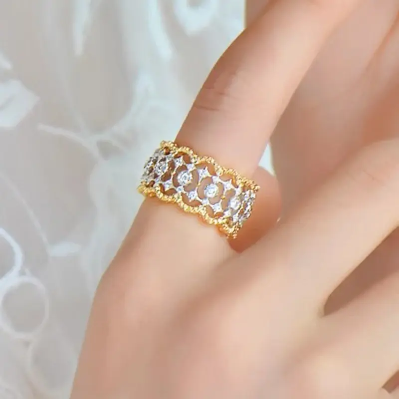 Huitan Luxury Hollow-out Wide Rings for Women Fashion Tow-tone Style Finger Accessory Exquisite Chic Engagement Wedding Jewelry