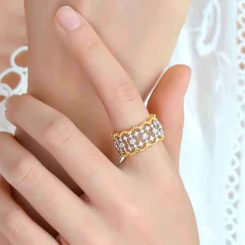 Huitan Luxury Hollow-out Wide Rings for Women Fashion Tow-tone Style Finger Accessory Exquisite Chic Engagement Wedding Jewelry