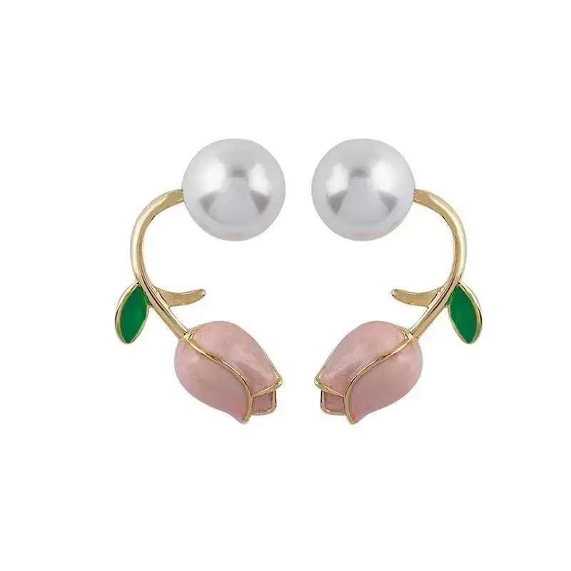 Huitan Fresh Rose Stud Earrings with Imitation Pearl Sweet Pink Rose Earrings Exquisite New Accessories for Women Trendy Jewelry
