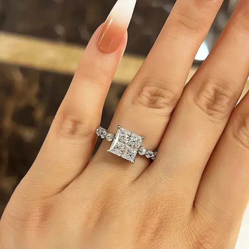 Huitan Eternity Princess Square Cubic Zirconia Crystal Rings Women's Wedding Engagement Luxury Accessories Classic Lady Jewelry