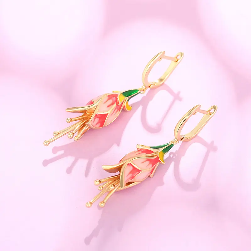 Huitan Romantic Pink Tulip Earrings Handmade Enamel Accessories for Women Wedding Party Aesthetic Female Earrings Trendy Jewelry