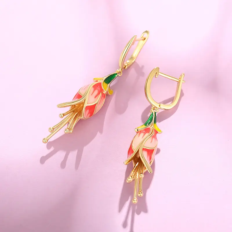 Huitan Romantic Pink Tulip Earrings Handmade Enamel Accessories for Women Wedding Party Aesthetic Female Earrings Trendy Jewelry