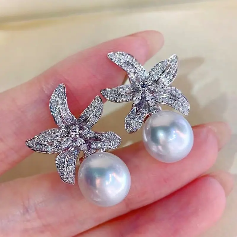 Huitan Newly Designed Flower with Simulated Pearl Women's Earrings Aesthetic Female Ear Accessories for Party Sparkling Jewelry