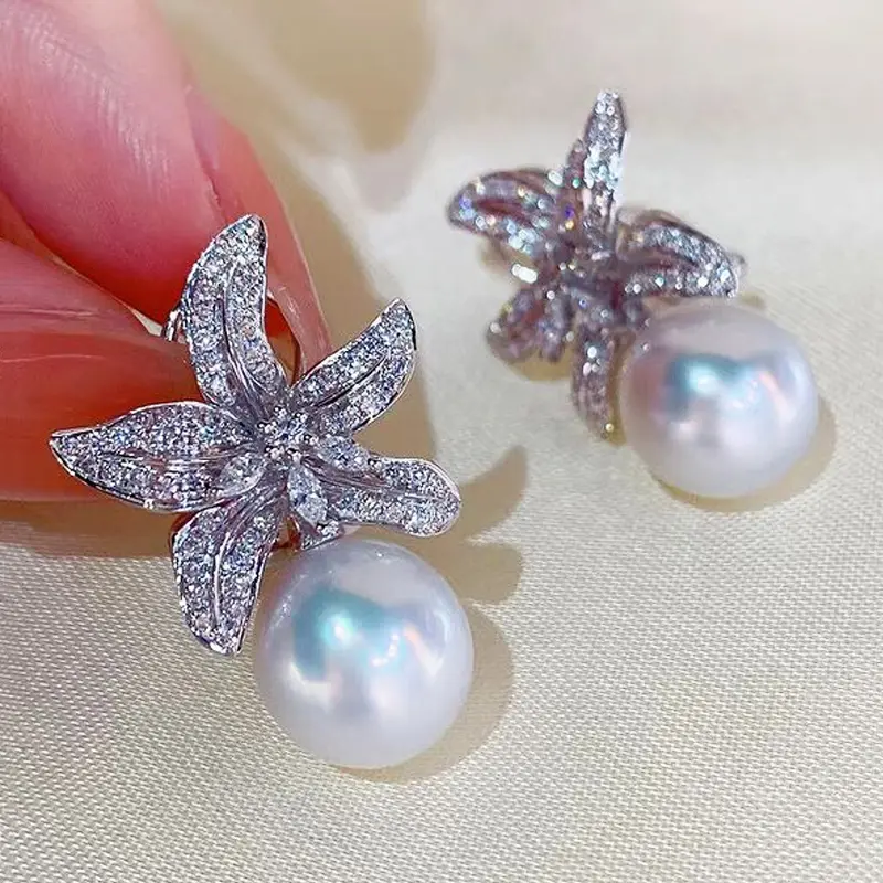 Huitan Newly Designed Flower with Simulated Pearl Women's Earrings Aesthetic Female Ear Accessories for Party Sparkling Jewelry