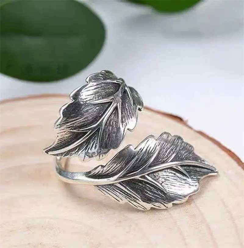 Huitan Punk Leaf Opening Ring for Women Antique Silver Color Hip Hop Girls Accessories Vintage Rings Adjustable Finger Jewelry