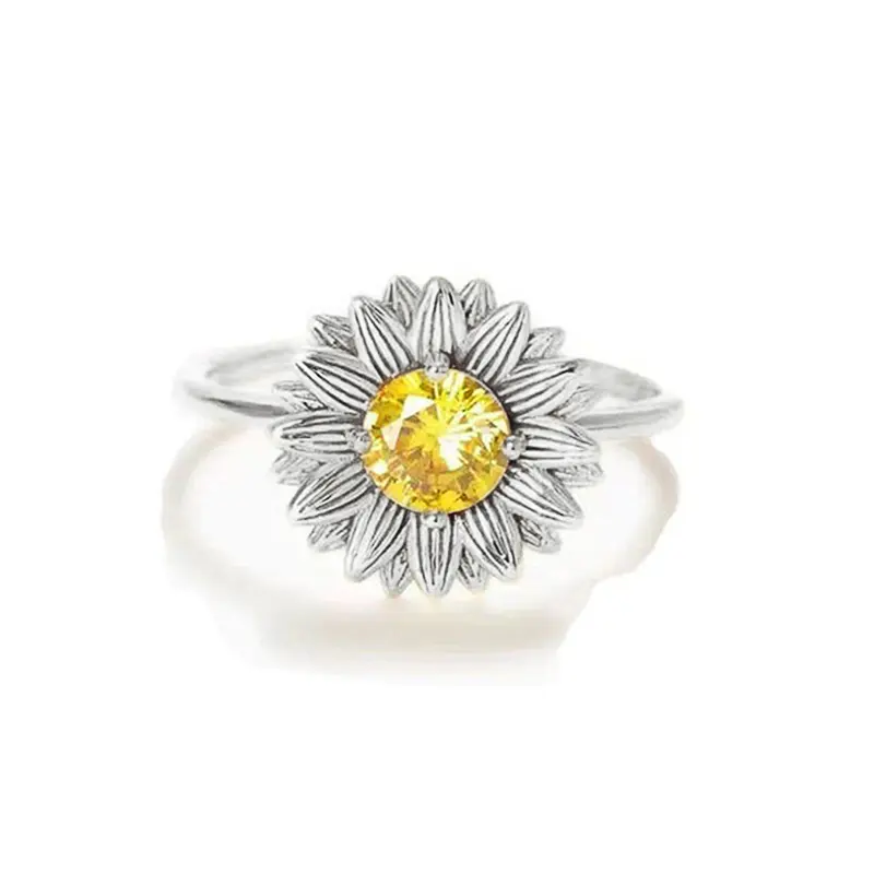 Huitan Elegant Flower Rings for Women Bright Round Yellow Zirconia Accessories for Daily Life Aesthetic Wedding Band Jewelry