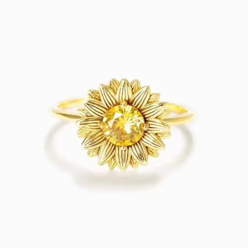 Huitan Elegant Flower Rings for Women Bright Round Yellow Zirconia Accessories for Daily Life Aesthetic Wedding Band Jewelry