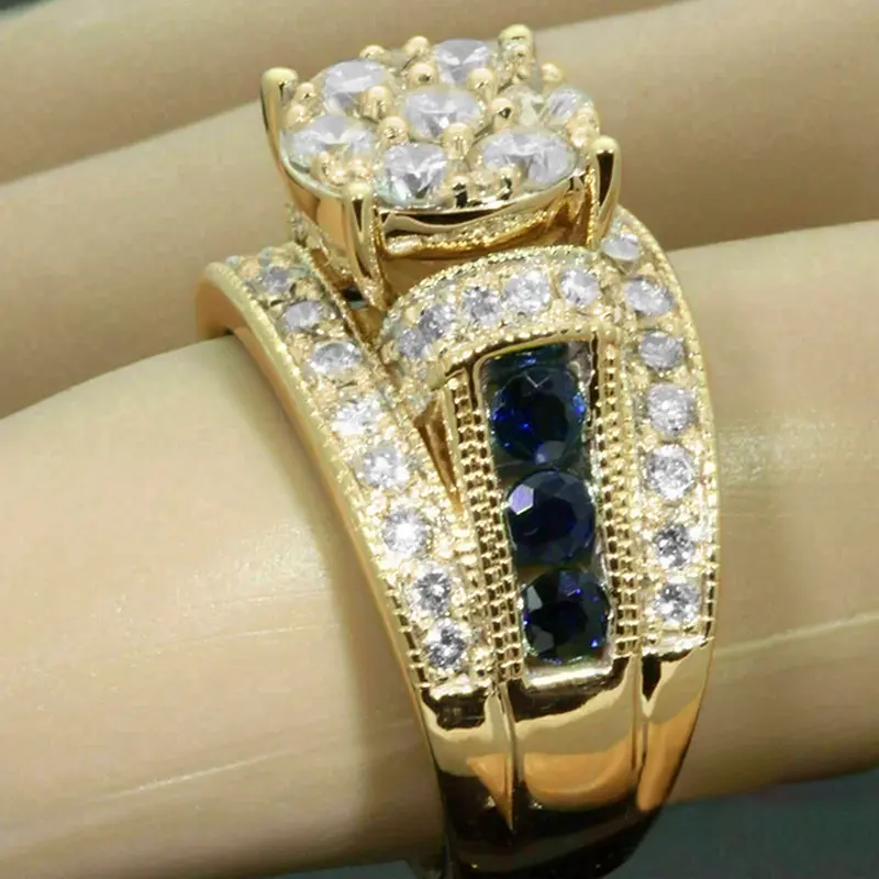 Huitan Gorgeous Women Wedding Rings with Blue/White Cubic Zirconia Elegant Lady Accessories for Anniversary Party Trendy Jewelry