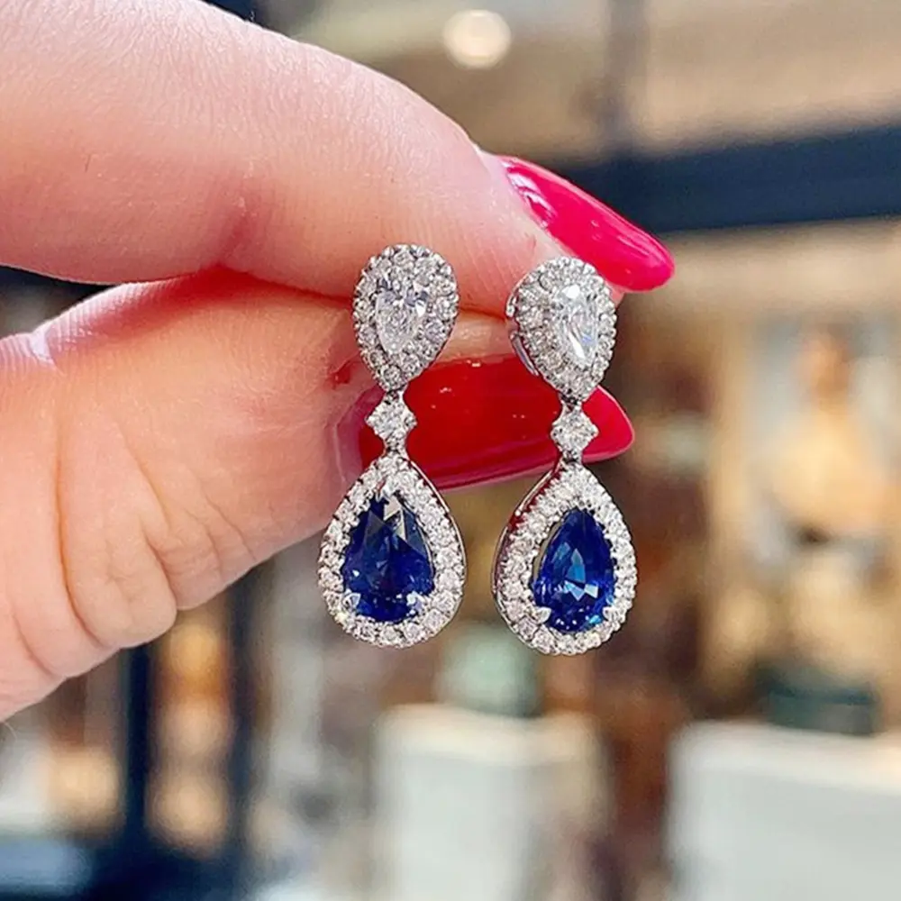 Huitan Classic Water Drop Cubic Zirconia Earrings for Women Luxury Inlay Blue/White Brilliant CZ Elegant Female Accessories Gift
