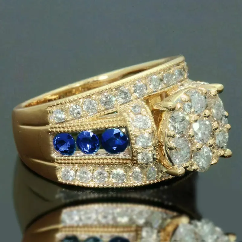Huitan Gorgeous Women Wedding Rings with Blue/White Cubic Zirconia Elegant Lady Accessories for Anniversary Party Trendy Jewelry