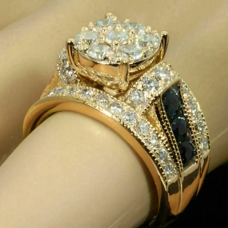 Huitan Gorgeous Women Wedding Rings with Blue/White Cubic Zirconia Elegant Lady Accessories for Anniversary Party Trendy Jewelry