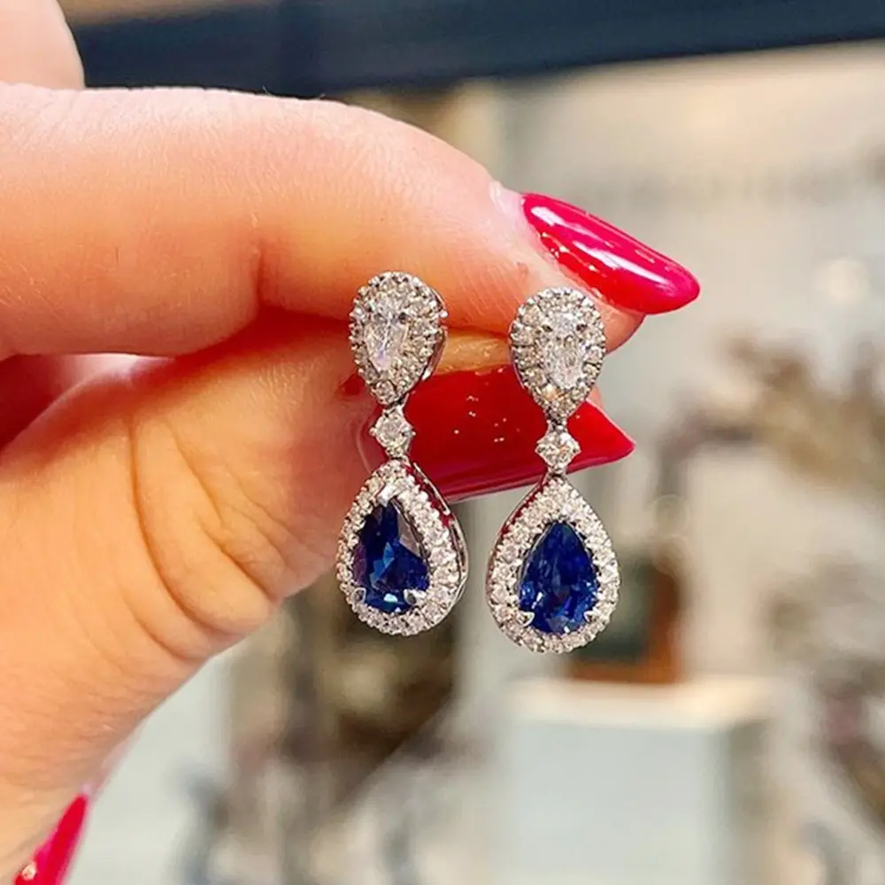 Huitan Classic Water Drop Cubic Zirconia Earrings for Women Luxury Inlay Blue/White Brilliant CZ Elegant Female Accessories Gift