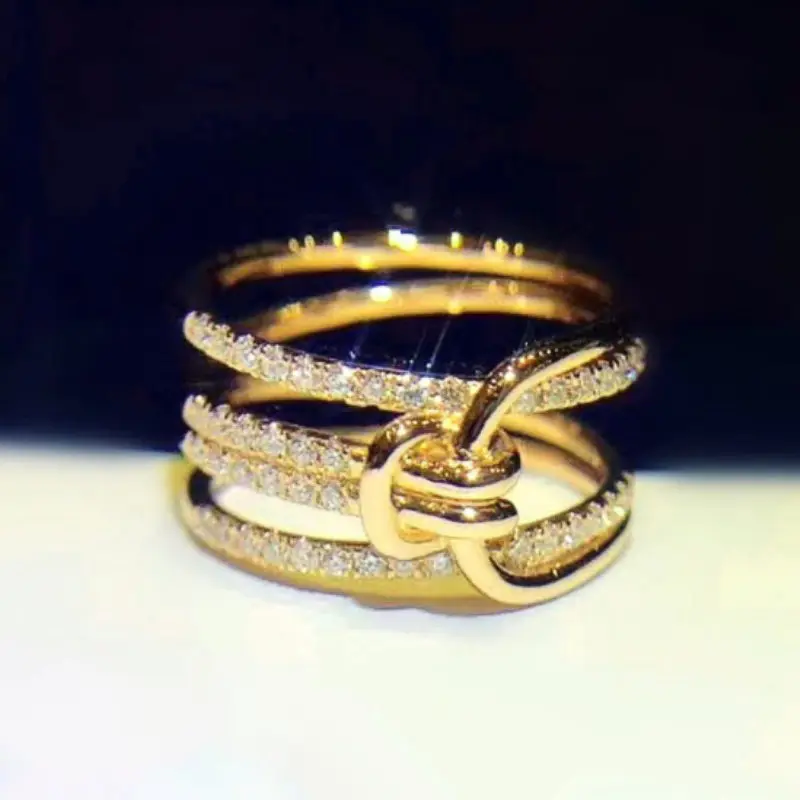 Huitan Creative Knot Design Women Finger Rings Gold Color Temperament Female Accessory with Dazzling CZ Party Statement Jewelry