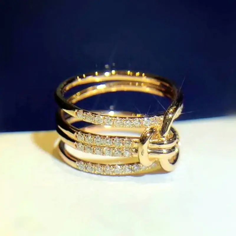 Huitan Creative Knot Design Women Finger Rings Gold Color Temperament Female Accessory with Dazzling CZ Party Statement Jewelry
