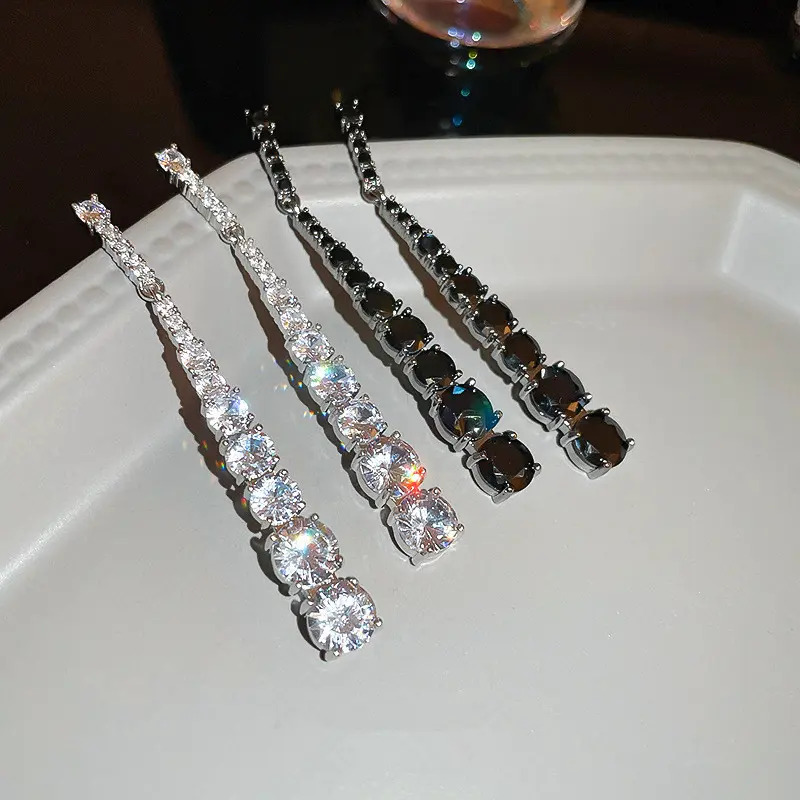 Huitan Bling Bling White/Black CZ Long Dangle Earrings for Women Unique Wedding Anniversary Party Temperament Lady's Ear Jewelry