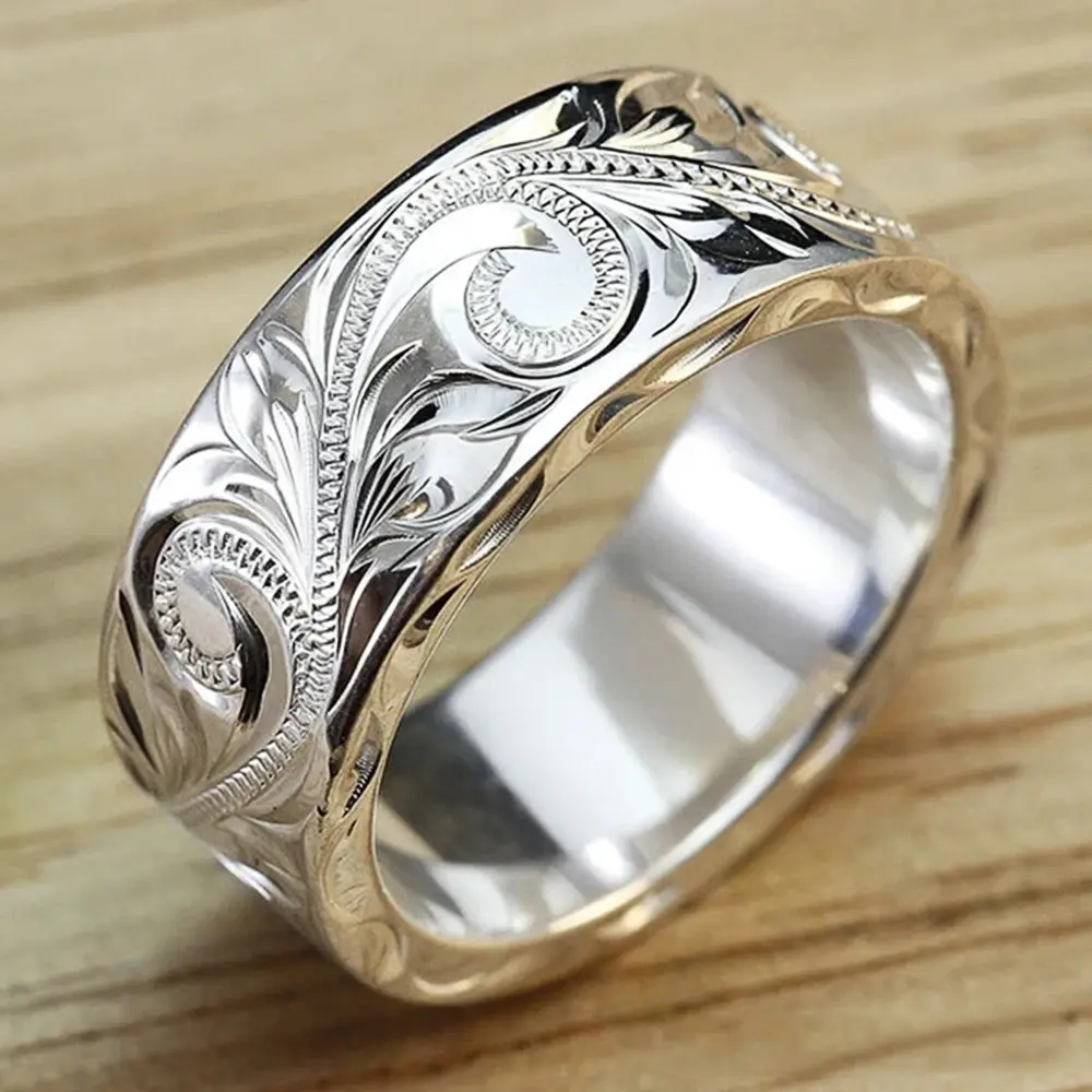Huitan Delicate Carved Design Lovers’ Rings Silver Color Elegant Pattern Women/Men Couple Ring Anniversary Gift Trendy Jewelry