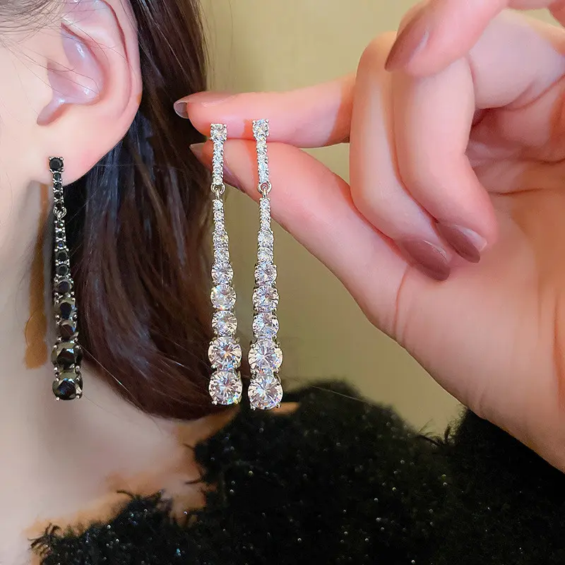 Huitan Bling Bling White/Black CZ Long Dangle Earrings for Women Unique Wedding Anniversary Party Temperament Lady's Ear Jewelry