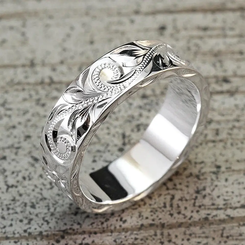 Huitan Delicate Carved Design Lovers’ Rings Silver Color Elegant Pattern Women/Men Couple Ring Anniversary Gift Trendy Jewelry
