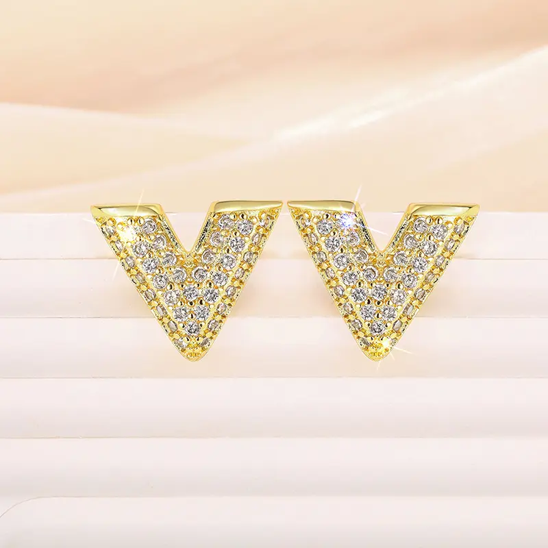Huitan V Shaped Stud Earrings New Fashion Ear Piercing Accessories for Women Bling Bling Cubic Zirconia Statement Female Jewelry
