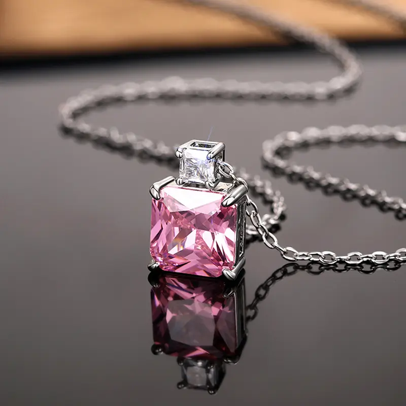 Huitan Princess Pink/Yellow Cubic Zirconia Pendant Necklace for Women Luxury Trendy Wedding Neck Accessories New Fashion Jewelry