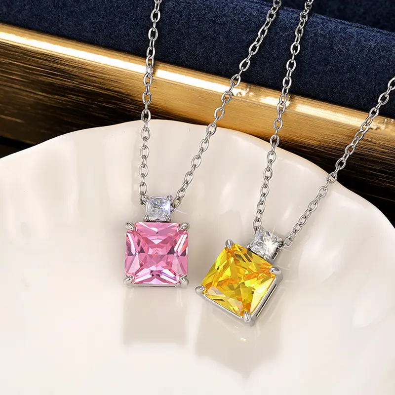 Huitan Princess Pink/Yellow Cubic Zirconia Pendant Necklace for Women Luxury Trendy Wedding Neck Accessories New Fashion Jewelry