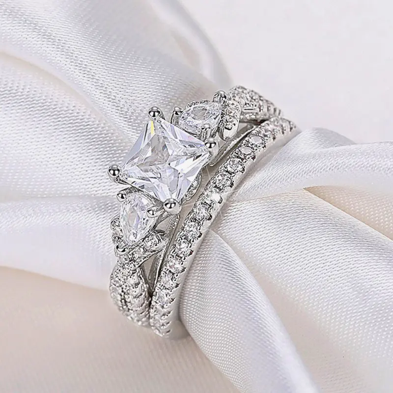 Huitan Bridal Sets Rings Luxury Wedding Accessories Temperament Elegant 2Pcs Rings for Women Engagement Party Statement Jewelry