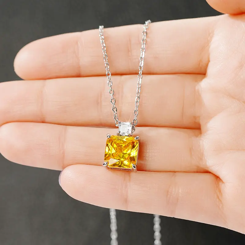 Huitan Princess Pink/Yellow Cubic Zirconia Pendant Necklace for Women Luxury Trendy Wedding Neck Accessories New Fashion Jewelry
