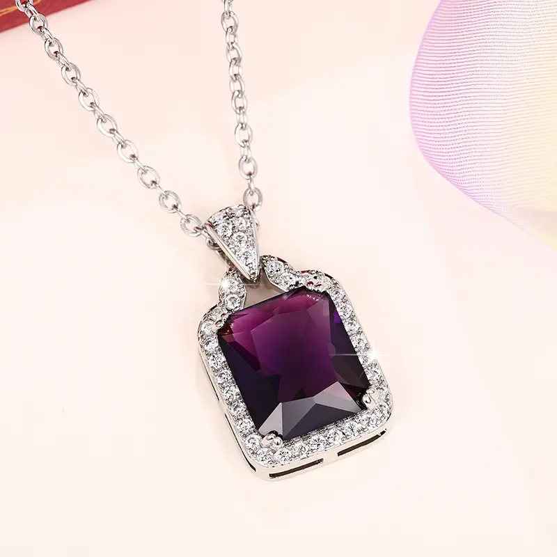 Huitan Charming Square Purple CZ Necklace Women for Engagement Wedding Accessories Sparkling Cubic Zirconia Luxury Neck Jewelry