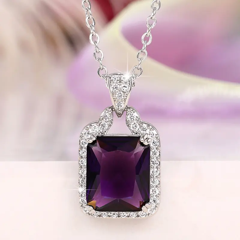 Huitan Charming Square Purple CZ Necklace Women for Engagement Wedding Accessories Sparkling Cubic Zirconia Luxury Neck Jewelry
