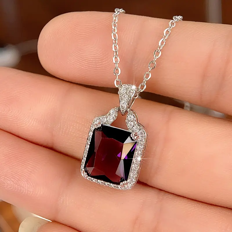 Huitan Charming Square Purple CZ Necklace Women for Engagement Wedding Accessories Sparkling Cubic Zirconia Luxury Neck Jewelry